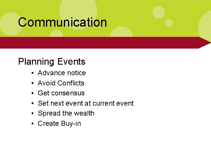 Communication Planning Events • • • Advance notice Avoid Conflicts Get consensus Set next