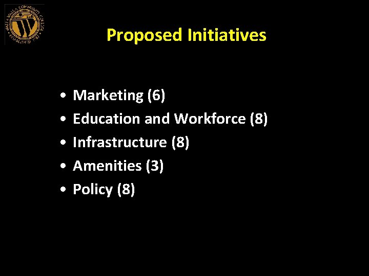 Proposed Initiatives • • • Marketing (6) Education and Workforce (8) Infrastructure (8) Amenities