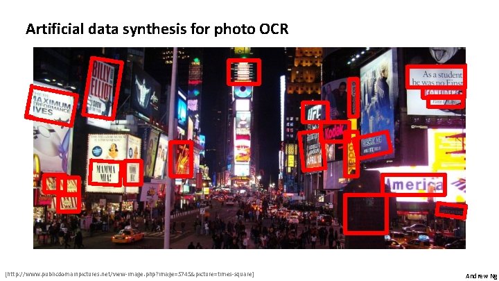 Artificial data synthesis for photo OCR [http: //www. publicdomainpictures. net/view-image. php? image=5745&picture=times-square] Andrew Ng