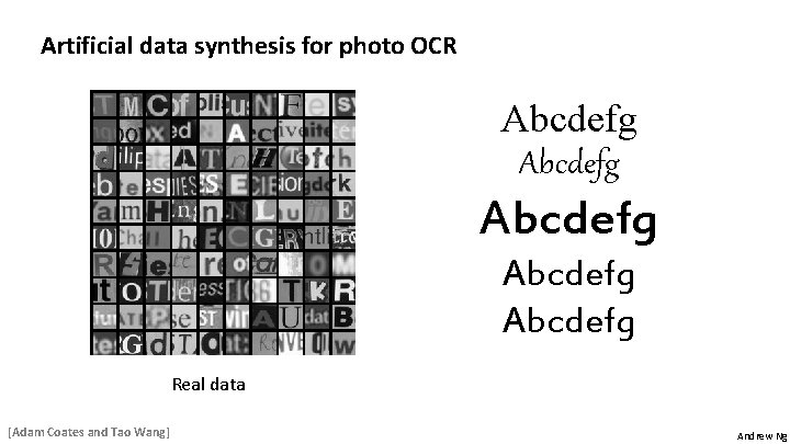 Artificial data synthesis for photo OCR Abcdefg Abcdefg Real data [Adam Coates and Tao