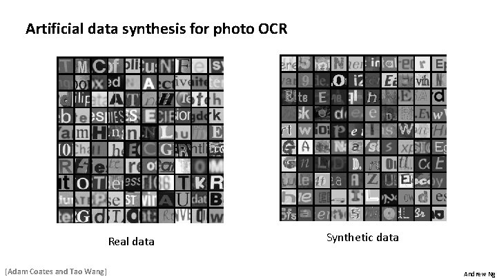 Artificial data synthesis for photo OCR Real data [Adam Coates and Tao Wang] Synthetic