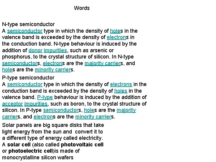 Words N-type semiconductor A semiconductor type in which the density of holes in the