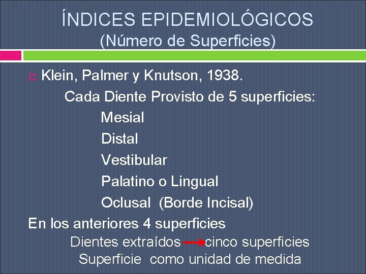 ÍNDICES EPIDEMIOLÓGICOS (Número de Superficies) Klein, Palmer y Knutson, 1938. Cada Diente Provisto de