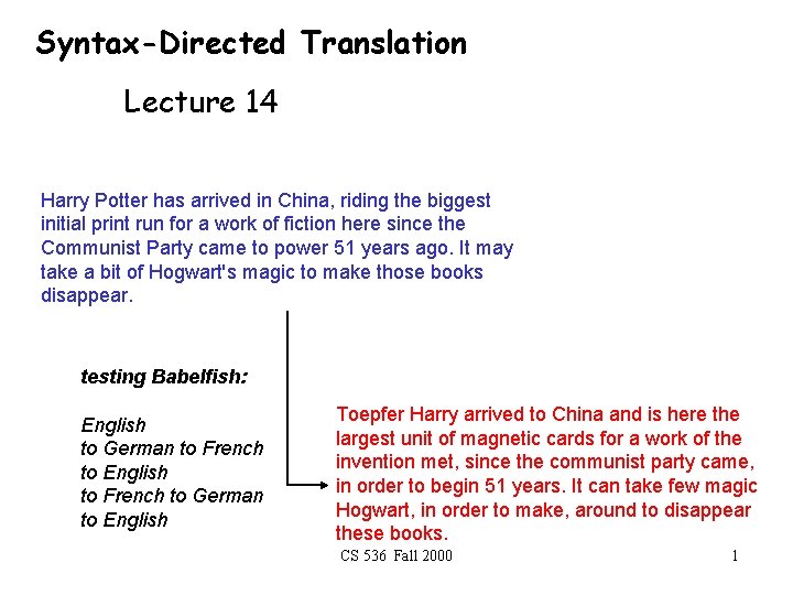 Syntax-Directed Translation Lecture 14 Harry Potter has arrived in China, riding the biggest initial