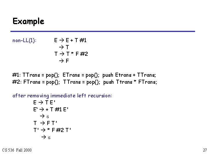 Example non-LL(1): E E + T #1 T T T * F #2 F