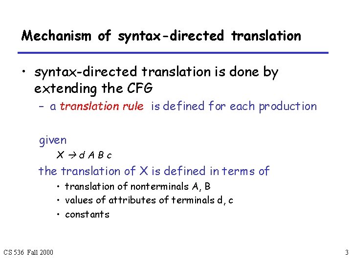 Mechanism of syntax-directed translation • syntax-directed translation is done by extending the CFG –
