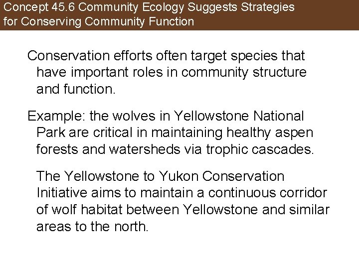 Concept 45. 6 Community Ecology Suggests Strategies for Conserving Community Function Conservation efforts often