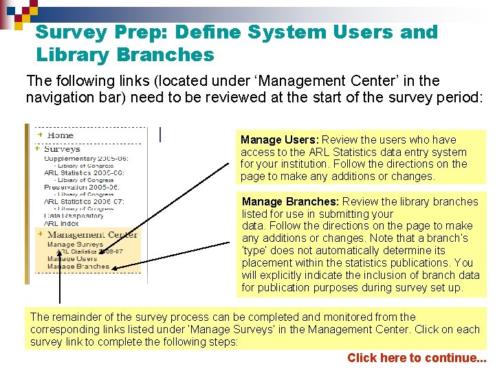Survey Prep: Define System Users and Library Branches The following links (located under ‘Management