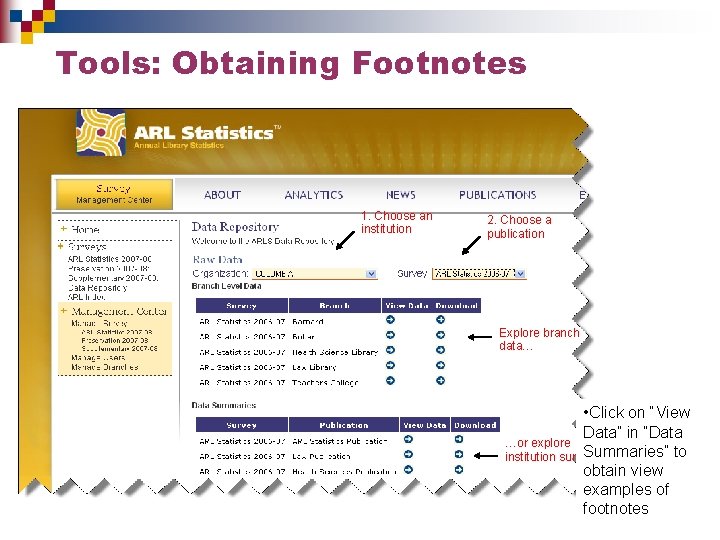 Tools: Obtaining Footnotes 1. Choose an institution 2. Choose a publication Explore branch data…