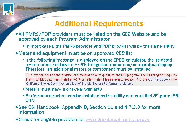 Additional Requirements • All PMRS/PDP providers must be listed on the CEC Website and Additional Requirements • All PMRS/PDP providers must be listed on the CEC Website and
