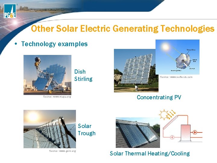Other Solar Electric Generating Technologies • Technology examples Dish Stirling Source: www. solfocus. com Other Solar Electric Generating Technologies • Technology examples Dish Stirling Source: www. solfocus. com