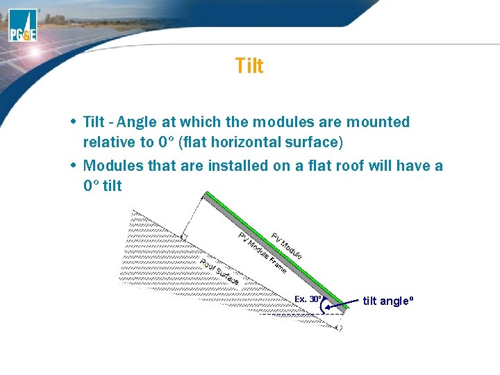 Tilt • Tilt - Angle at which the modules are mounted relative to 0º Tilt • Tilt - Angle at which the modules are mounted relative to 0º