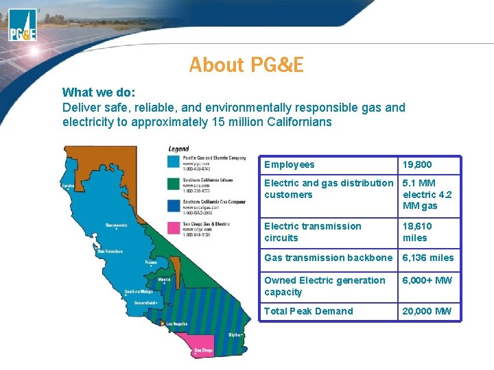 About PG&E What we do: Deliver safe, reliable, and environmentally responsible gas and electricity About PG&E What we do: Deliver safe, reliable, and environmentally responsible gas and electricity