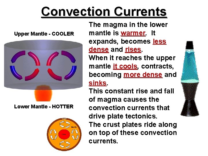 Convection Currents Upper Mantle - COOLER Lower Mantle - HOTTER The magma in the