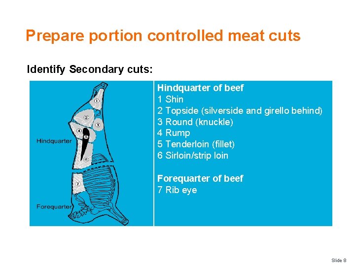 Prepare portion controlled meat cuts Identify Secondary cuts: Hindquarter of beef 1 Shin 2