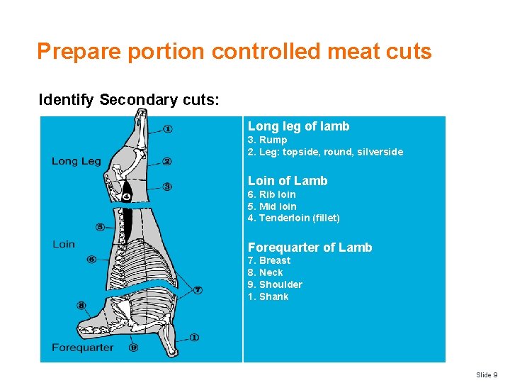 Prepare portion controlled meat cuts Identify Secondary cuts: Long leg of lamb 3. Rump