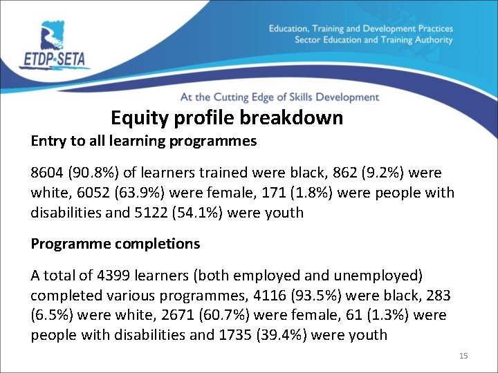Equity profile breakdown Entry to all learning programmes 8604 (90. 8%) of learners trained