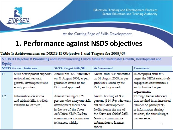 1. Performance against NSDS objectives 3 