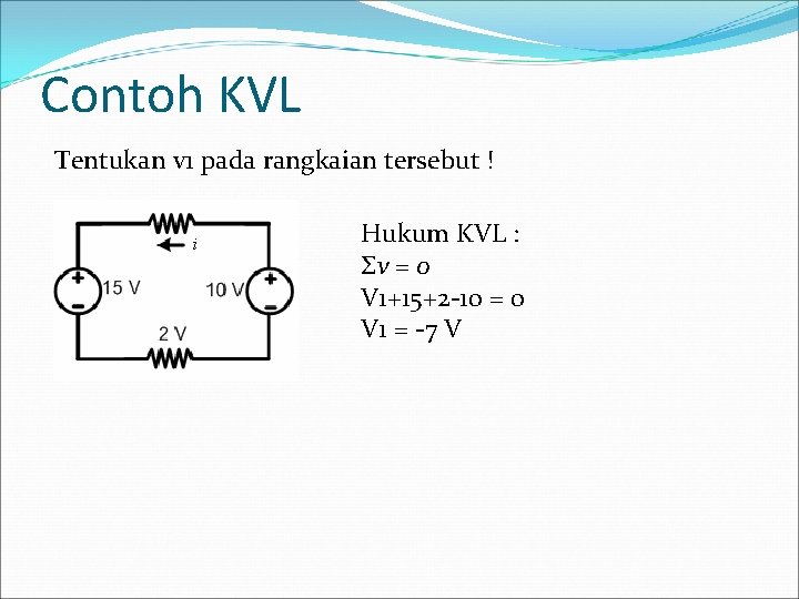 Contoh KVL Tentukan v 1 pada rangkaian tersebut ! Hukum KVL : Σv =