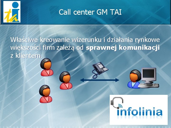 Call center GM TAI Właściwe kreowanie wizerunku i działania rynkowe większości firm zależą od