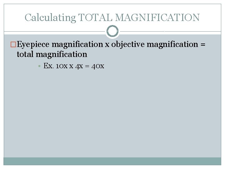 Calculating TOTAL MAGNIFICATION �Eyepiece magnification x objective magnification = total magnification • Ex. 10