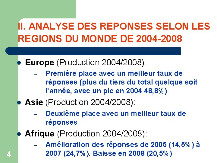 II. ANALYSE DES REPONSES SELON LES REGIONS DU MONDE DE 2004 -2008 l Europe