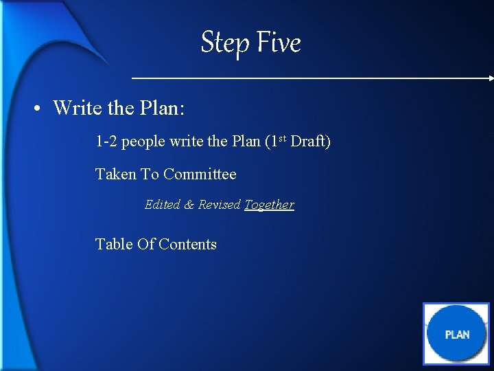 Step Five • Write the Plan: 1 -2 people write the Plan (1 st