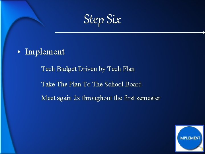 Step Six • Implement Tech Budget Driven by Tech Plan Take The Plan To
