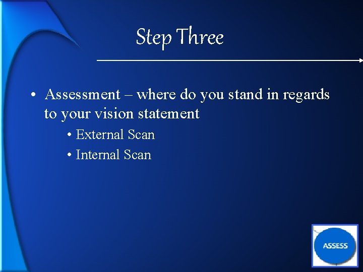 Step Three • Assessment – where do you stand in regards to your vision