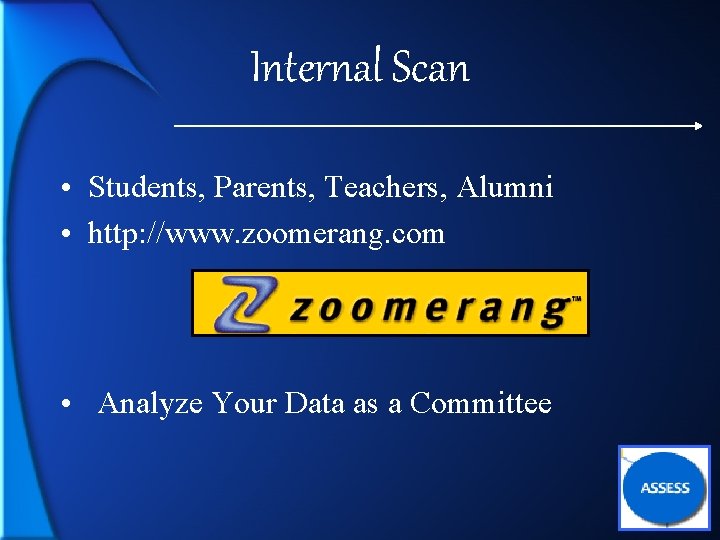 Internal Scan • Students, Parents, Teachers, Alumni • http: //www. zoomerang. com • Analyze