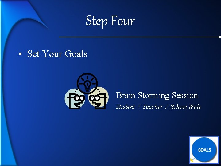 Step Four • Set Your Goals Brain Storming Session Student / Teacher / School