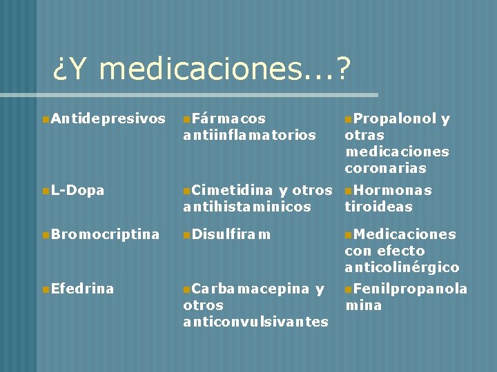 ¿Y medicaciones. . . ? n. Antidepresivos n. Fármacos n. L-Dopa n. Cimetidina n.