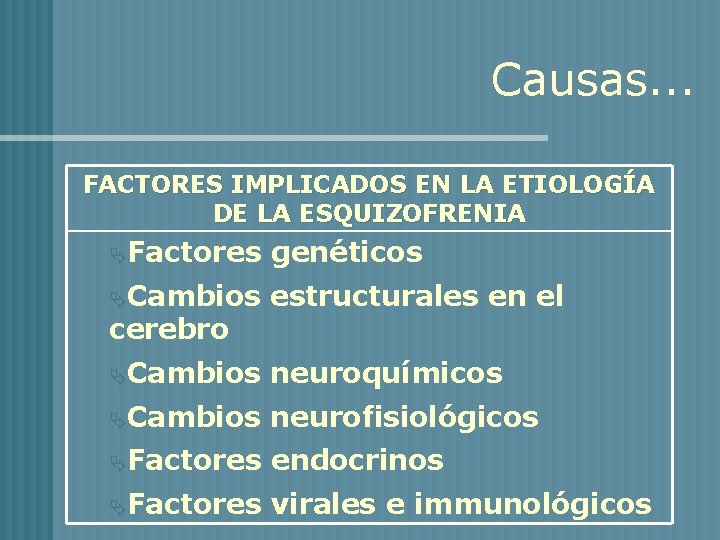 Causas. . . FACTORES IMPLICADOS EN LA ETIOLOGÍA DE LA ESQUIZOFRENIA ÄFactores genéticos ÄCambios