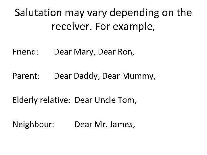 Salutation may vary depending on the receiver. For example, Friend: Dear Mary, Dear Ron,