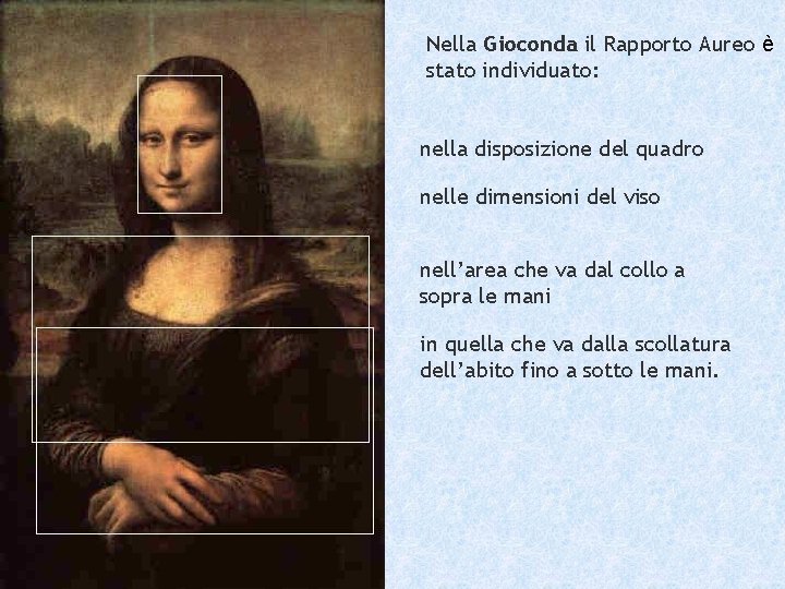 Nella Gioconda il Rapporto Aureo è stato individuato: nella disposizione del quadro nelle dimensioni