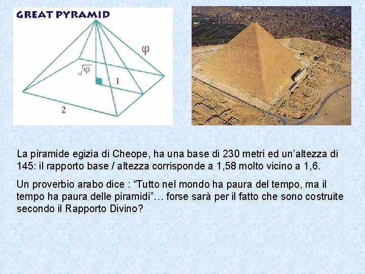 La piramide egizia di Cheope, ha una base di 230 metri ed un’altezza di