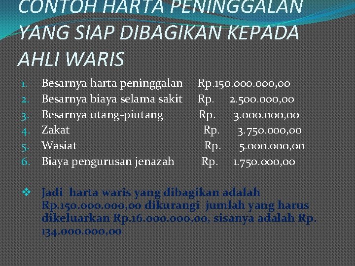 CONTOH HARTA PENINGGALAN YANG SIAP DIBAGIKAN KEPADA AHLI WARIS 1. 2. 3. 4. 5.