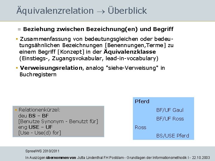 Äquivalenzrelation Überblick = Beziehung zwischen Bezeichnung(en) und Begriff § Zusammenfassung von bedeutungsgleichen oder bedeutungsähnlichen