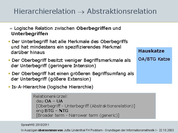 Hierarchierelation Abstraktionsrelation = Logische Relation zwischen Oberbegriffen und Unterbegriffen § Der Unterbegriff hat alle Hierarchierelation Abstraktionsrelation = Logische Relation zwischen Oberbegriffen und Unterbegriffen § Der Unterbegriff hat alle