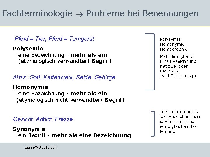 Fachterminologie Probleme bei Benennungen Pferd = Tier, Pferd = Turngerät Polysemie eine Bezeichnung -