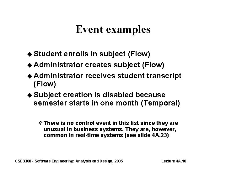 Event examples Student enrolls in subject (Flow) Administrator creates subject (Flow) Administrator receives student