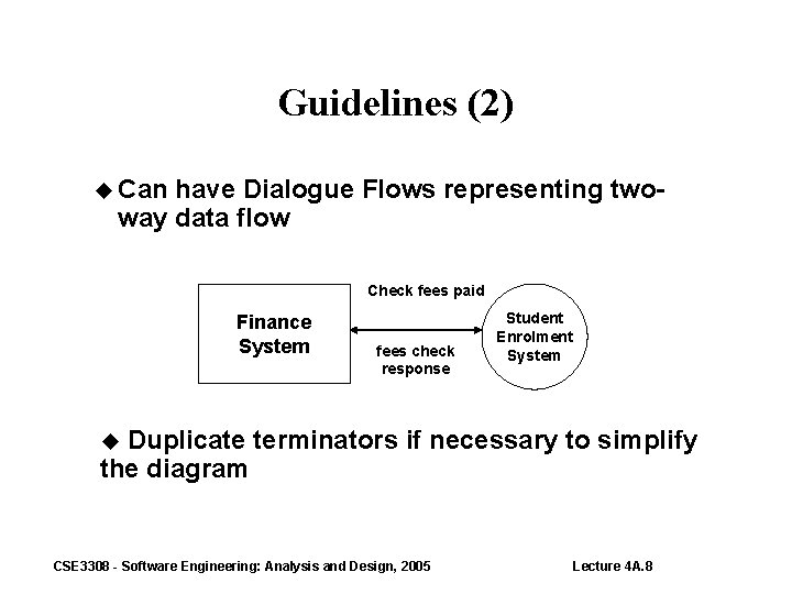 Guidelines (2) Can have Dialogue Flows representing twoway data flow Check fees paid Finance