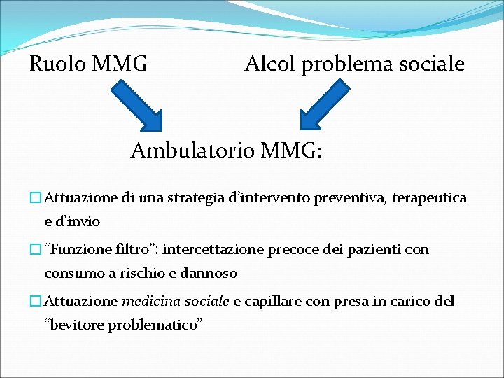 Ruolo MMG Alcol problema sociale Ambulatorio MMG: �Attuazione di una strategia d’intervento preventiva, terapeutica