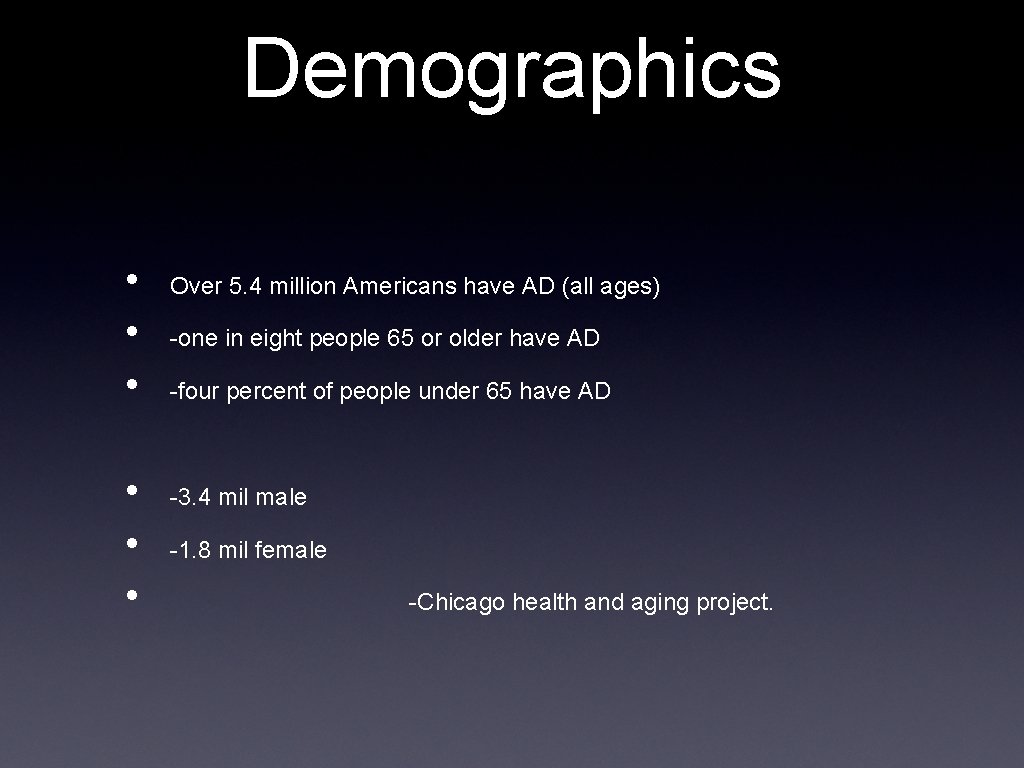 Demographics • • • Over 5. 4 million Americans have AD (all ages) -one