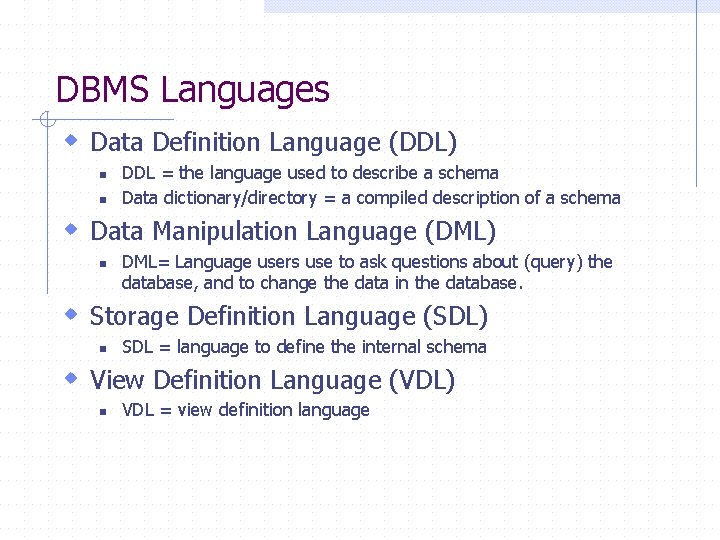 DBMS Languages w Data Definition Language (DDL) n n DDL = the language used