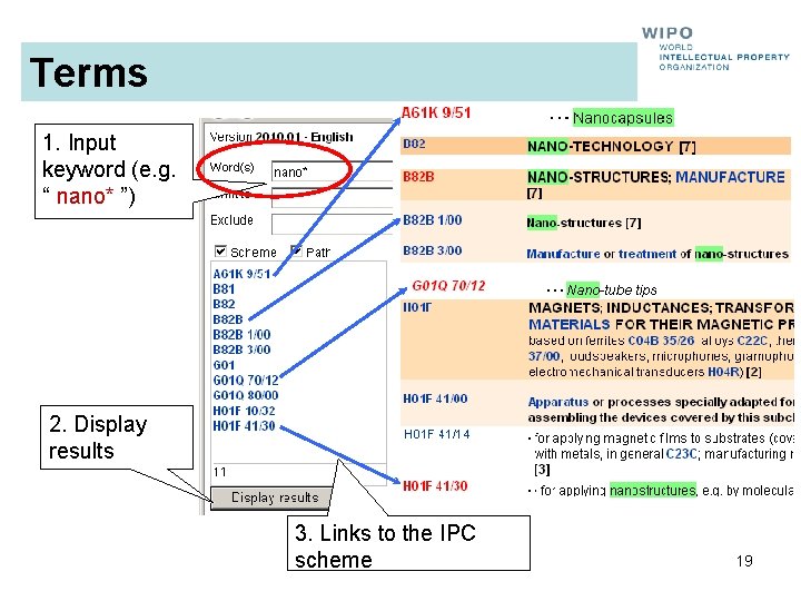 Terms 1. Input keyword (e. g. “ nano* ”) 2. Display results 3. Links Terms 1. Input keyword (e. g. “ nano* ”) 2. Display results 3. Links