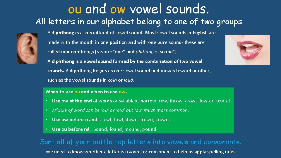 ou and ow vowel sounds. All letters in our alphabet belong to one of