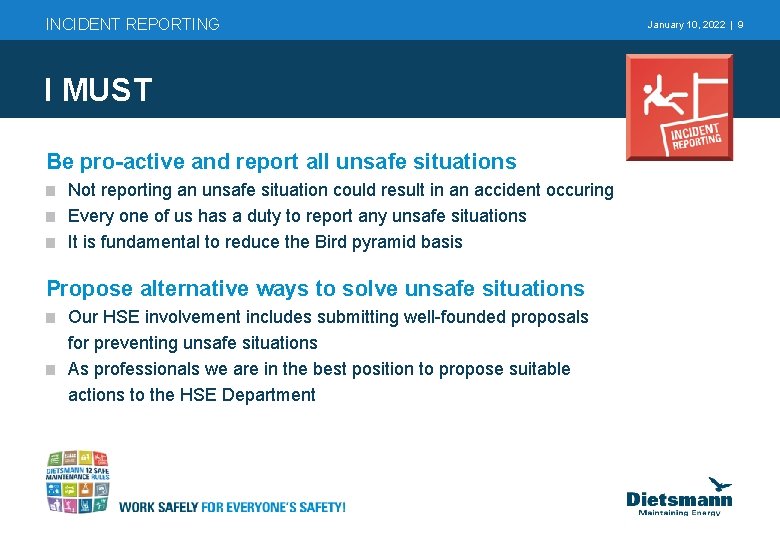 INCIDENT REPORTING I MUST Be pro-active and report all unsafe situations Not reporting an