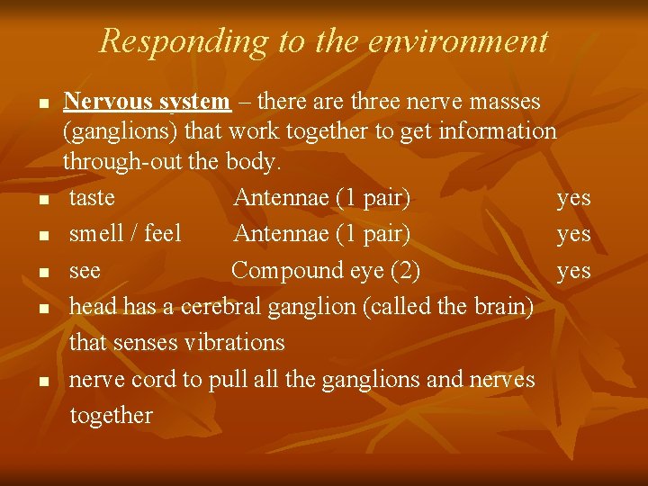 Responding to the environment n n n Nervous system – there are three nerve