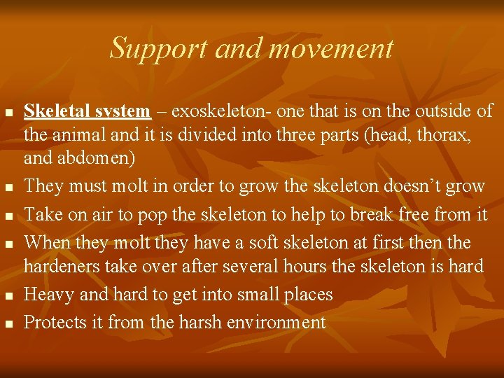 Support and movement n n n Skeletal system – exoskeleton- one that is on